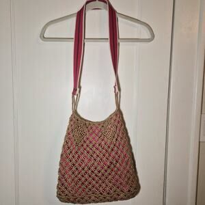 American Eagle Outfitters Jute Crochet Bag With‎ Pink Lining Crossbody